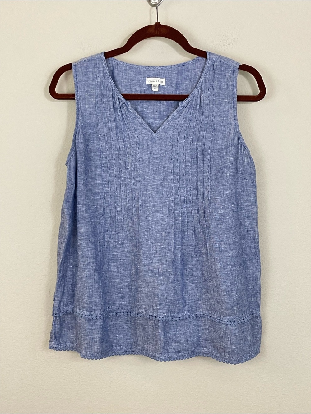 Garnet Hill Linen Pintuck V Neck Tiered Lace Trim Tank Top Size 06 - Picture 2 of 8